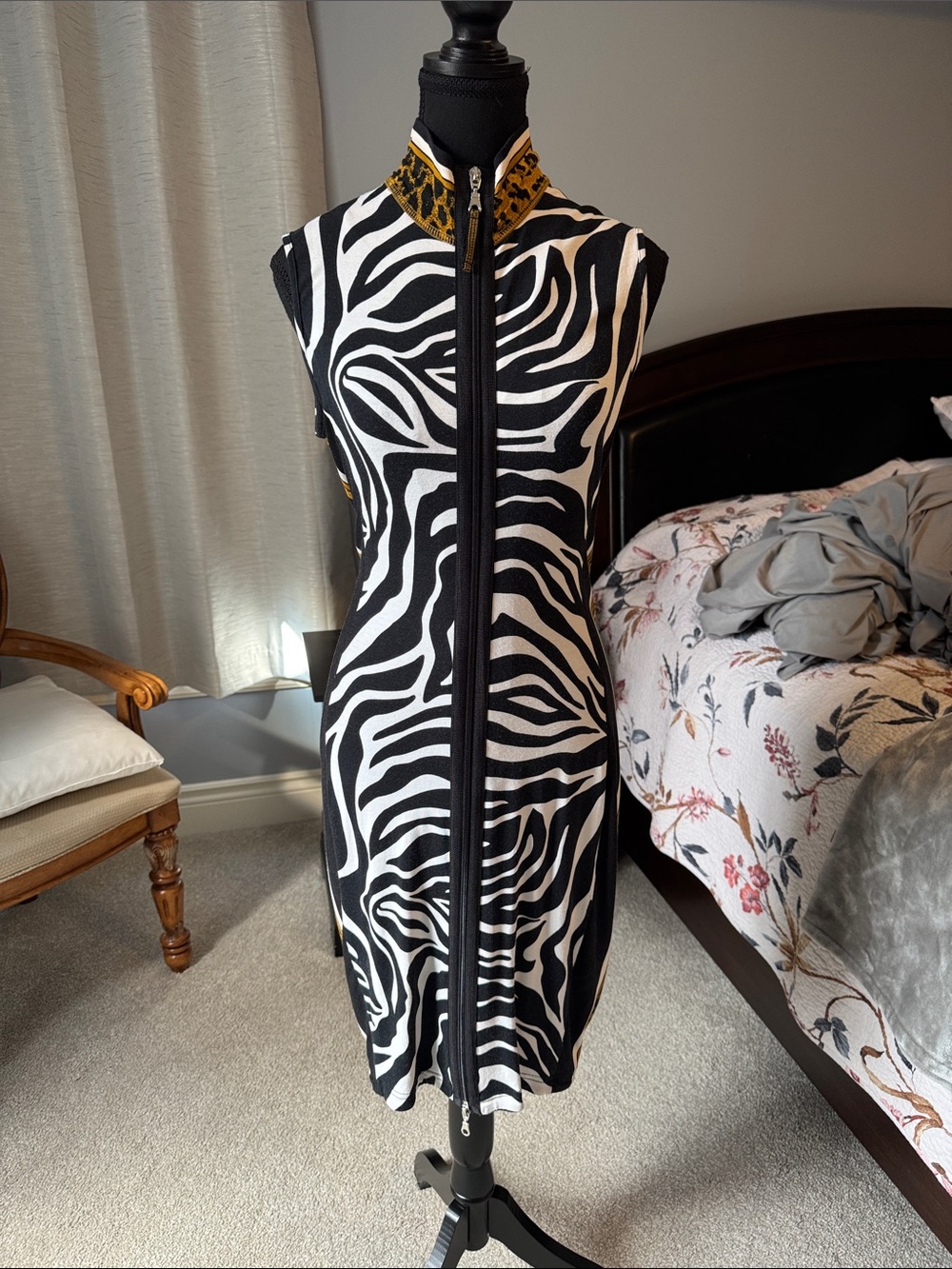 Joseph Ribkoff Black and White Zebra-Print Zip Midi Dress with Gold-Trim Collar